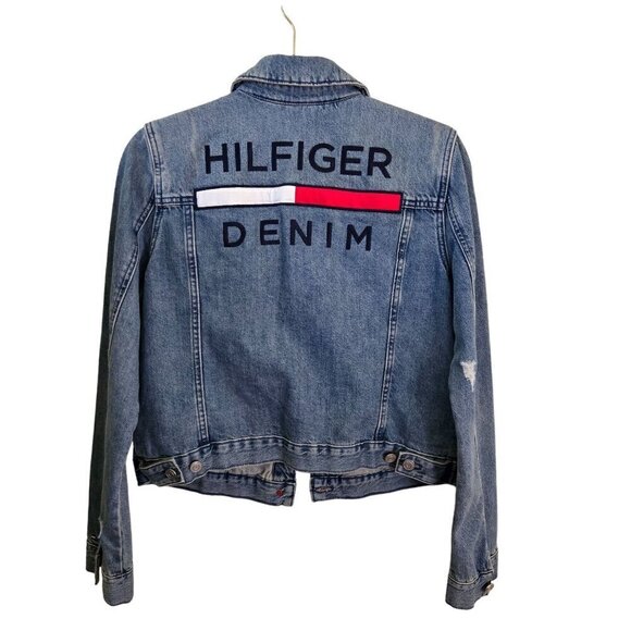 Tommy Hilfiger Denim Vintage Embroidered Spell Out Custom TruckerJacket Size M - Picture 2 of 8
